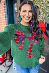 "WAITLIST" Evergreen Plaid Bow Graphic Christmas Sweater