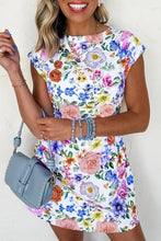 Load image into Gallery viewer, &quot;WAITLIST&quot; Sky Blue Vibrant Floral Print Cap Sleeve Mini Dress
