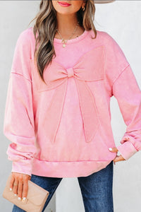 "WAITLIST" Bright Pink Mineral Wash Big Bow Patchwork Pullover Sweatshirt