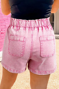 Strawberry Pink Elastic High Waisted Denim Shorts