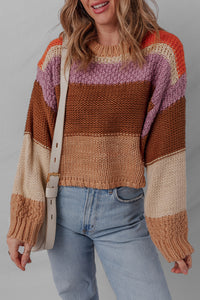 Desert Gold Color Block Textured Knit Drop Shoulder Loose Fit Sweater