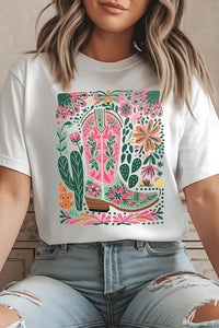 "WAITLIST" White Western Boot Flower Print Crew Neck Loose Tee