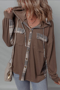 "WAITLIST" Brown Plaid Patchwork Button Down Drawstring Hooded Shacket