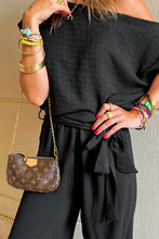 Load image into Gallery viewer, Black Checkered Mesh One Shoulder Short Sleeve Knotted Waist
