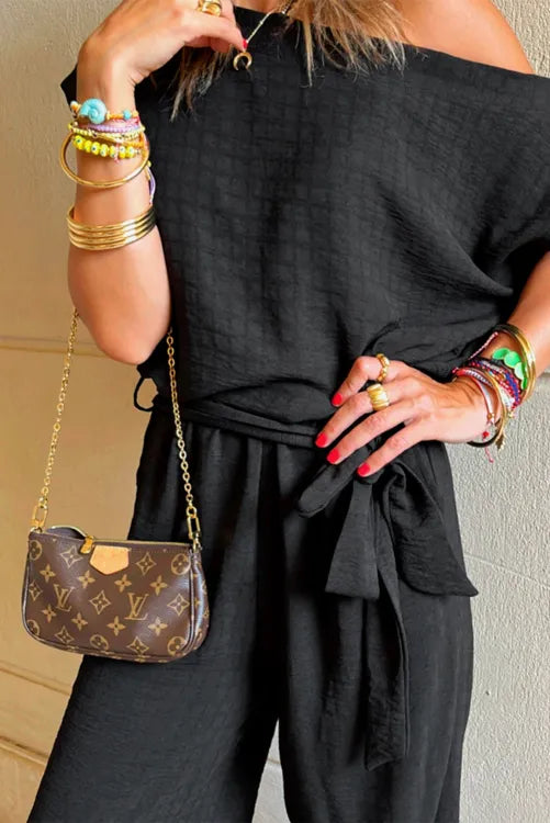 Black Checkered Mesh One Shoulder Short Sleeve Knotted Waist