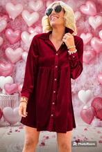 Load image into Gallery viewer, Fiery Red Long Sleeve Ruffle Velvet Button Up Dress
