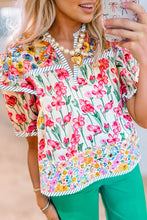 Load image into Gallery viewer, Pink Floral Print Striped Detail Split Neck Short Sleeve Blouse
