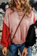 Load image into Gallery viewer, Pink Colorblock Bishop Sleeve Ribbed Trim Sweater

