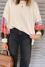 Load image into Gallery viewer, Beige Contrast Plaid Long Sleeve Exposed Seam Patchwork Top
