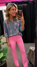 Load image into Gallery viewer, Blue Bracelet Sleeve Floral Denim Shirt
