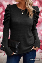 Load image into Gallery viewer, Black Solid Color Textured Buttoned Gigot Sleeve Top
