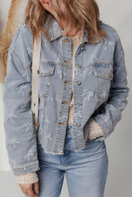 Load image into Gallery viewer, Sky Blue Bow Knot Print Light Wash Raw Hem Denim Jacket
