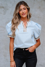 Load image into Gallery viewer, Beau Blue Contrast Leopard Trim Split Neck Puff Sleeve Blouse
