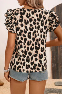 "WAITLIST" Khaki Leopard Print Layered Ruffled Short Sleeve Blouse