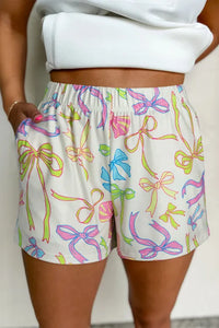 "WAITLIST" White Cheerful Bow Print Elastic Pull On Casual Shorts