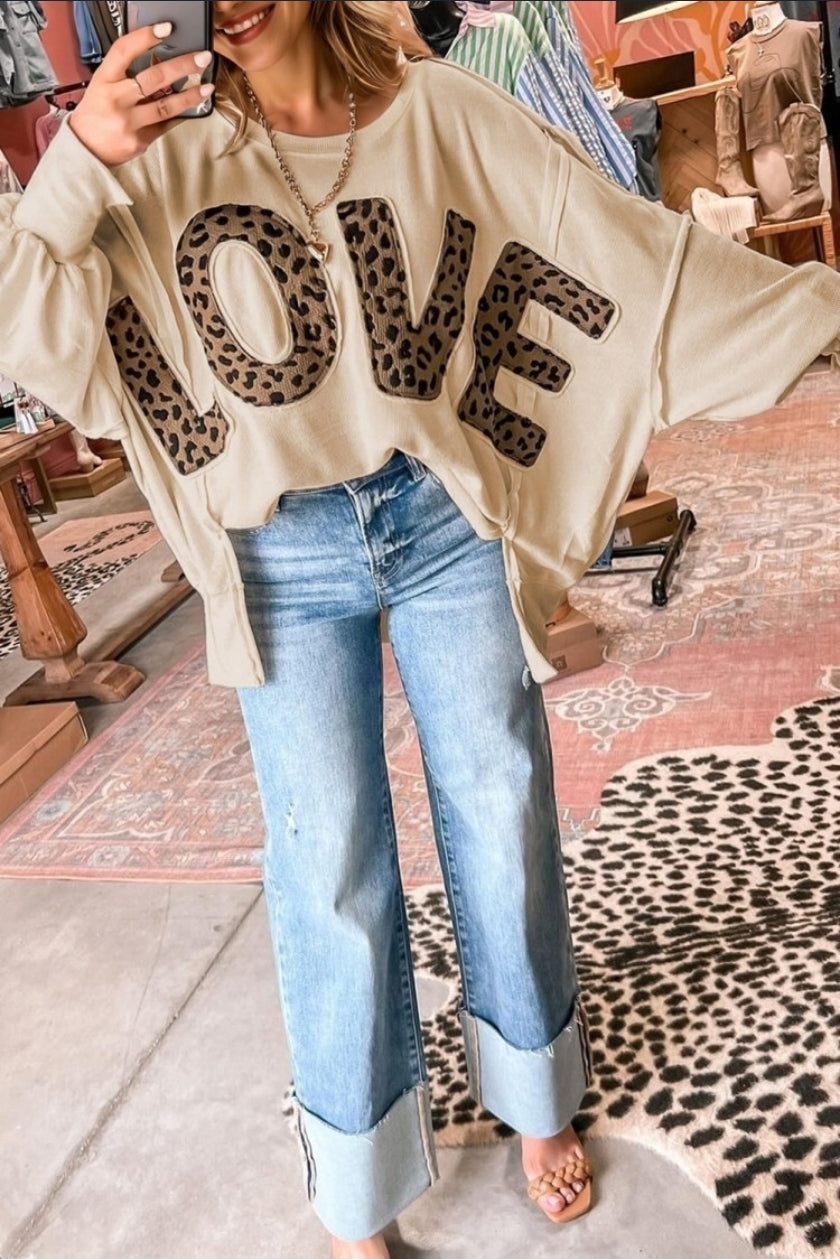 Parchment Oversize Leopard LOVE Patched Graphic Round Neck Casual Sweatshirt