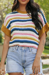 Khaki Trimmed Ruffle Sleeve Colorful Textured Sweater