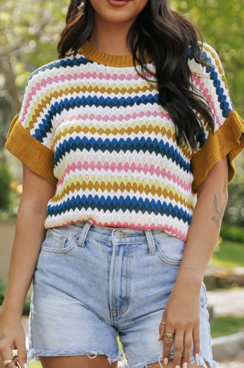Khaki Trimmed Ruffle Sleeve Colorful Textured Sweater