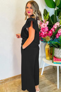 Black Textured Ruffled Sleeve Zipped Top and Wide Leg Pants