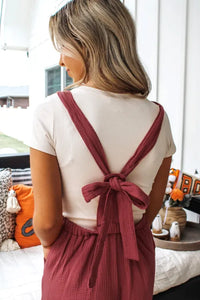 "WAITLIST" Red Clay Knotted Back Strap Cotton Bib Jumpsuit