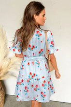 Load image into Gallery viewer, &quot;Waitlist&quot; Sky Blue Stripe Floral Pattern Ruffle Short Sleeve Belted Mini Dress
