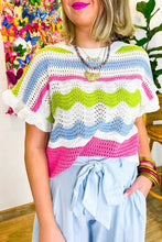 Load image into Gallery viewer, White Colorblock Crochet Knit Ruffled Short Sleeve Sweater Top
