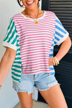 Load image into Gallery viewer, &quot;WAITLIST&quot; Pink Stripe Mixed Pattern Patchwork Uneven Hem Loose Tee
