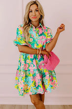 Load image into Gallery viewer, Green Floral Puff Sleeve Collar Buttoned Babydoll Dress
