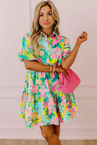 Green Floral Puff Sleeve Collar Buttoned Babydoll Dress