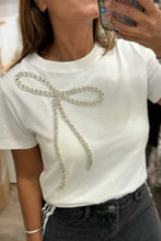 Load image into Gallery viewer, &quot;WAITLIST&quot; White Rhinestone Bow Embellished Round Neck Tee
