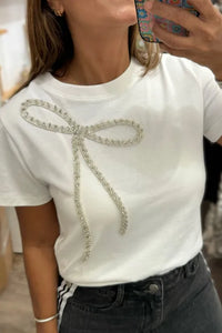 "WAITLIST" White Rhinestone Bow Embellished Round Neck Tee