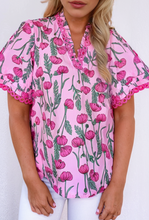 Load image into Gallery viewer, Pink Floral Lace Detail V Neck Blouse
