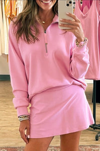"WAITLIST" Pink Half Zip Sporty Pullover Mini Skirt 2pcs Outfit