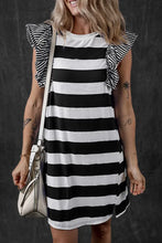 Load image into Gallery viewer, Black Stripe Contrast Ruffled Sleeve T-shirt Dress
