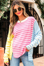 Load image into Gallery viewer, Multicolour Color Block Striped Patchwork Dolman Sleeve Slit Sweater
