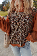 Load image into Gallery viewer, Brown Leopard Floral Print Ribbed Puff Sleeve Patchwork Loose Pullover

