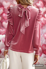 Load image into Gallery viewer, Peach Blossom Fiery Mock Neck Puff Sleeve Velvet Blouse
