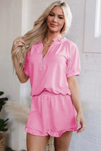 Load image into Gallery viewer, Pink Half Zip Puff Sleeve Top and Ruffled Shorts Set
