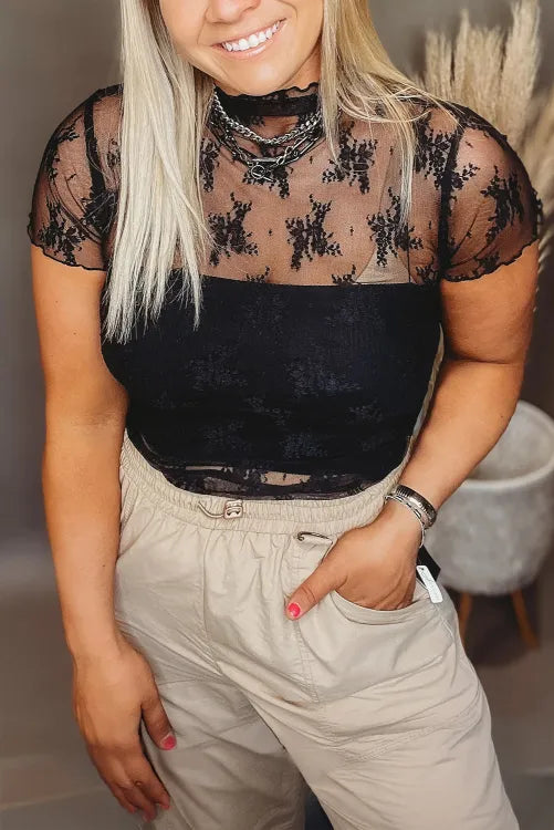 Black Plus Size Sheer Lace Mesh Short Sleeve Top