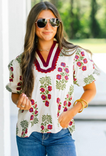 Load image into Gallery viewer, White Floral Short Bubble Sleeve Contrast Blouse
