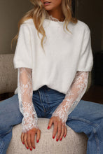 Load image into Gallery viewer, Beige Lace Sleeve Patchwork Faux Two-piece Fuzzy Sweater
