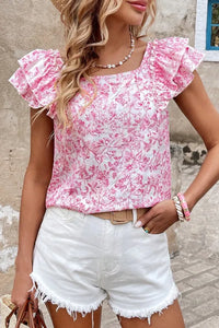 "WAITLIST" Pink Floral Ruffled Short Sleeve Bow Back Square Neck Blouse
