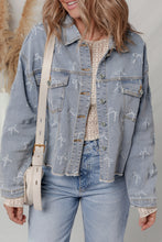 Load image into Gallery viewer, Sky Blue Bow Knot Print Light Wash Raw Hem Denim Jacket
