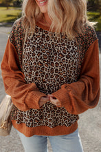 Load image into Gallery viewer, Brown Leopard Floral Print Ribbed Puff Sleeve Patchwork Loose Pullover
