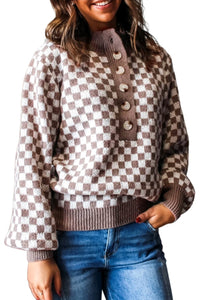 "WAITLIST" Dark Brown Half Button Ribbed Trim Checkerboard Knit Sweater