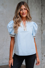 Load image into Gallery viewer, Beau Blue Contrast Leopard Trim Split Neck Puff Sleeve Blouse
