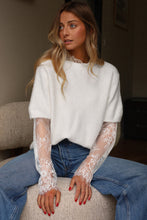 Load image into Gallery viewer, Beige Lace Sleeve Patchwork Faux Two-piece Fuzzy Sweater
