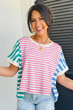 Load image into Gallery viewer, &quot;WAITLIST&quot; Pink Stripe Mixed Pattern Patchwork Uneven Hem Loose Tee
