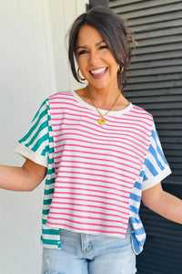 "WAITLIST" Pink Stripe Mixed Pattern Patchwork Uneven Hem Loose Tee