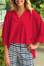 Load image into Gallery viewer, Fiery Red V Neck Collared Shirred 3/4 Sleeve Oversized Tunic Top
